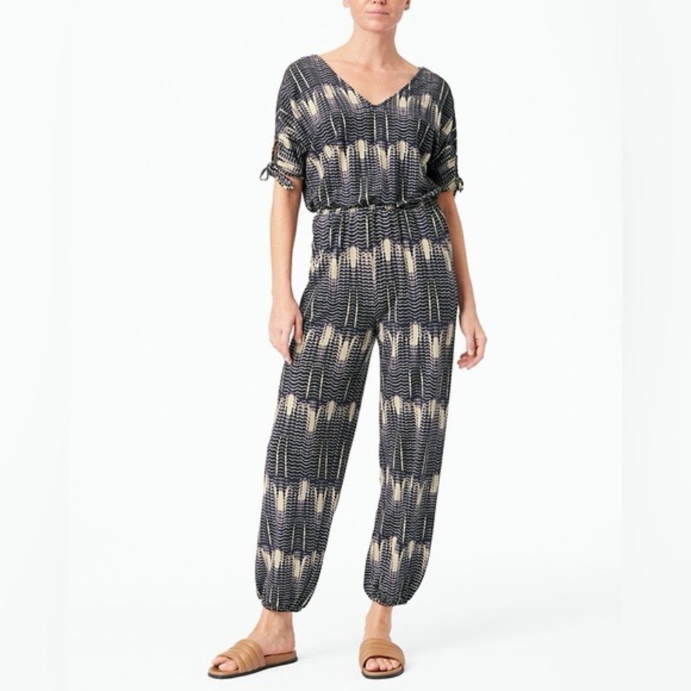 Garnet Hill‎ Blue Tie Dye Short Tie Sleeve Comfy Jogger Jumpsuit Size Medium